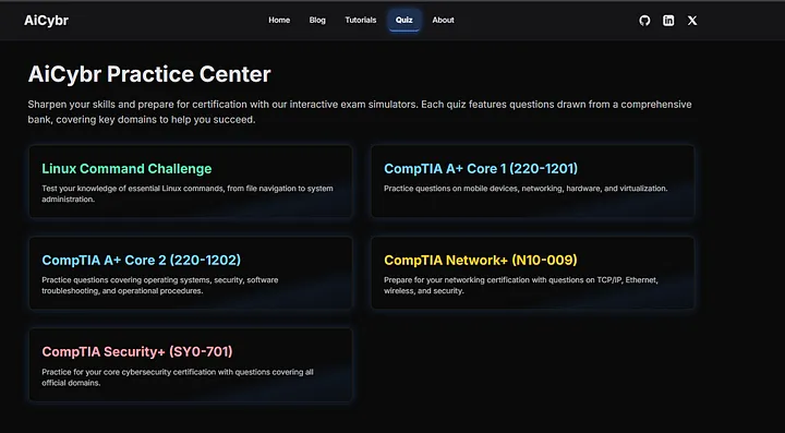 AiCybr Practice Center Screenshot