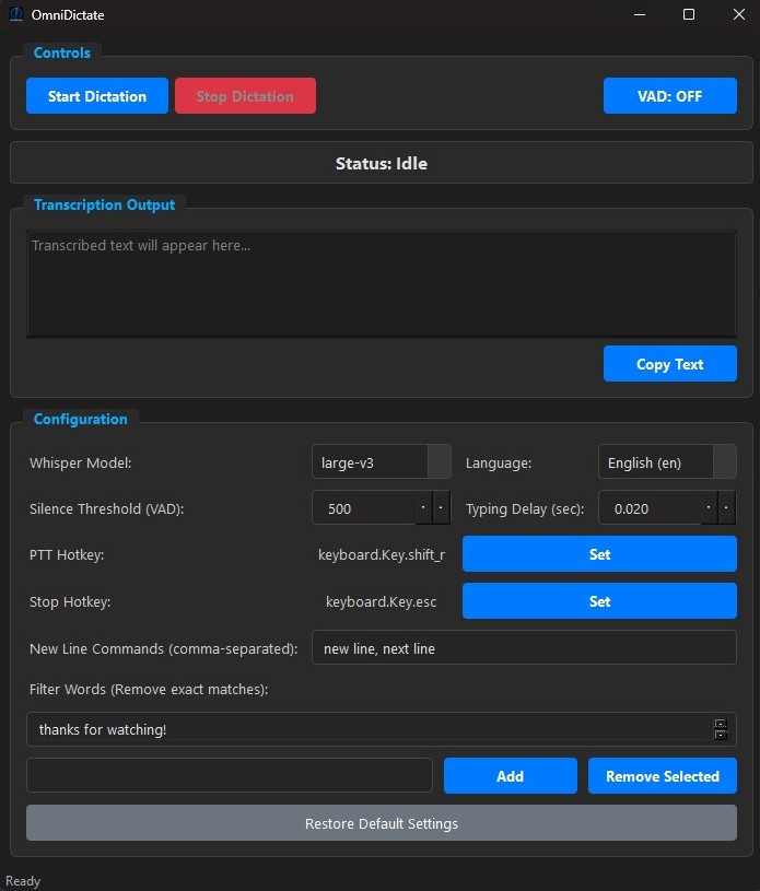 OmniDictate GUI Screenshot